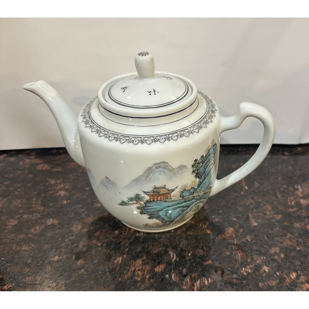 Chinese Porcelain Famille Rose Teapot Landscape Pavilion Mountains Scene RARE